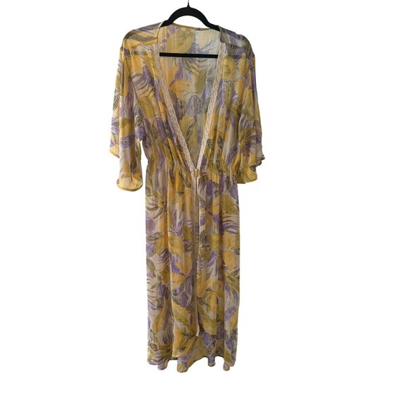 Yellow & Purple Floral Sheer Kimono Cover-Up With Lace Trim Loungewear - Picture 1 of 6